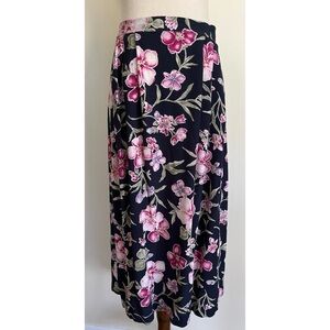 Vintage Rayon Floral Skirt Jaclyn Smith Navy Fuschia Pull On Size L Made in USA